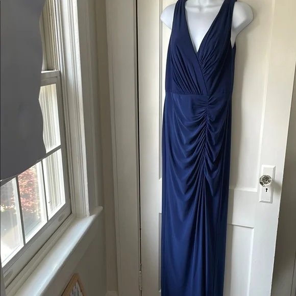 Navy Blue Ruched Crossover Draped Sleeveless Tummy Flattering Maxi Dress - Picture 1 of 5